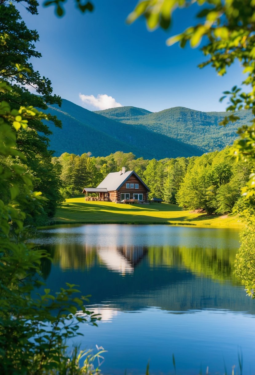A cozy cabin nestled in the Blue Ridge Mountains, surrounded by lush greenery and a serene lake, with a clear blue sky overhead