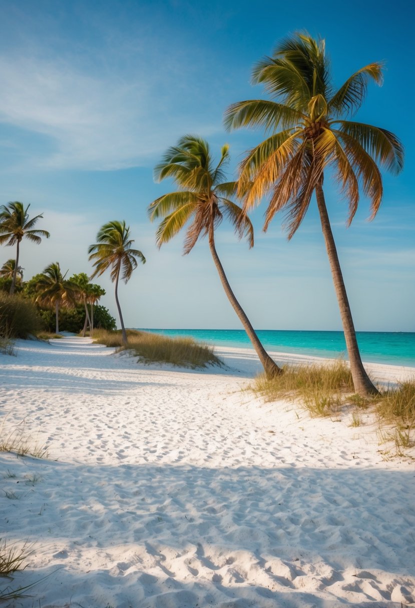 A serene beach on Sanibel Island, Florida, with powdery white sand, clear turquoise water, and palm trees swaying in the gentle breeze