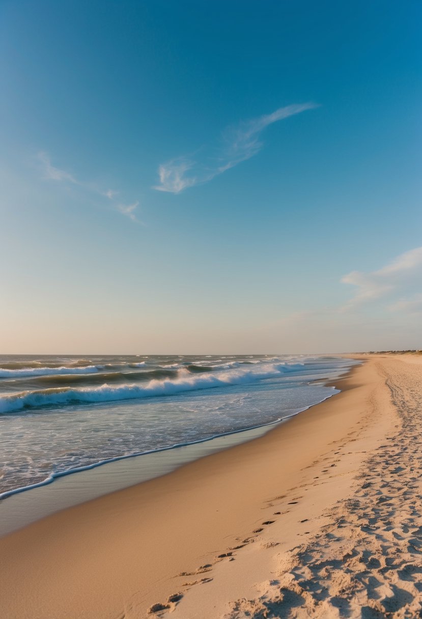A serene beach at Outer Banks, NC, with golden sand, rolling waves, and a clear blue sky