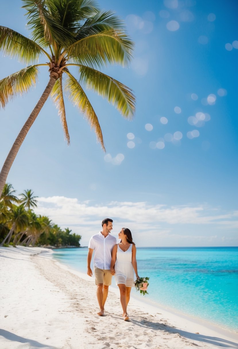 A couple strolling along a white sandy beach with crystal clear blue water and palm trees, under a sunny sky