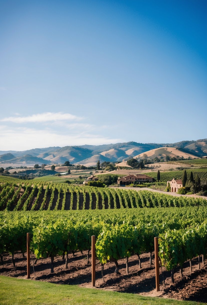 Lush vineyards in Napa Valley, California under a clear blue sky, with rolling hills and quaint wineries dotting the landscape