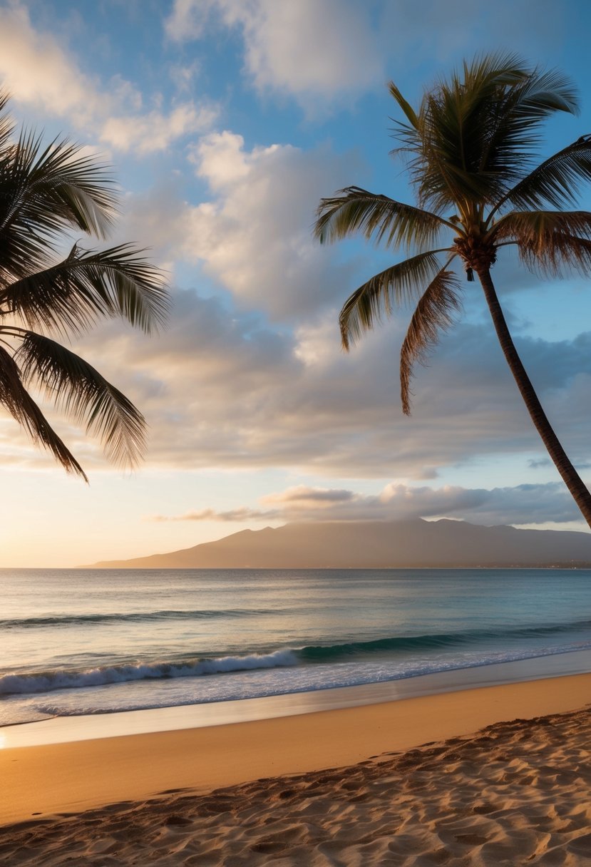 A serene Kauai beach at sunset, with palm trees, golden sand, and gentle waves lapping the shore
