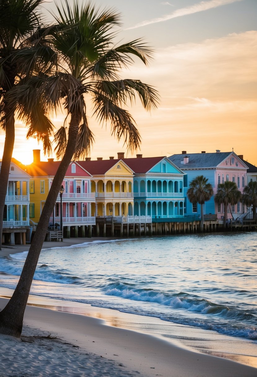 A serene beach at sunrise, palm trees swaying in the warm breeze, with colorful historic buildings lining the waterfront in Charleston, South Carolina
