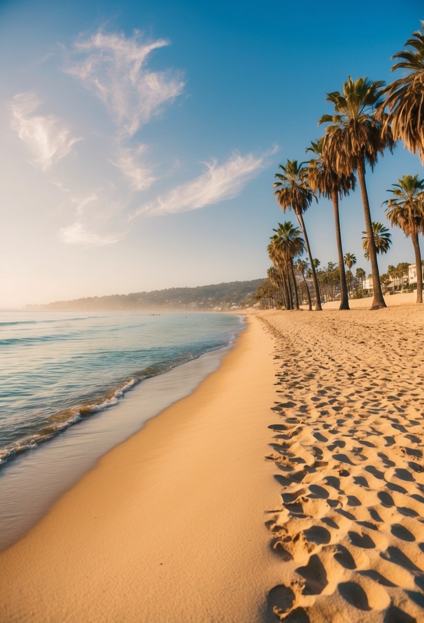 A serene beach at Laguna Beach, California with golden sand, clear blue waters, and palm trees lining the shore