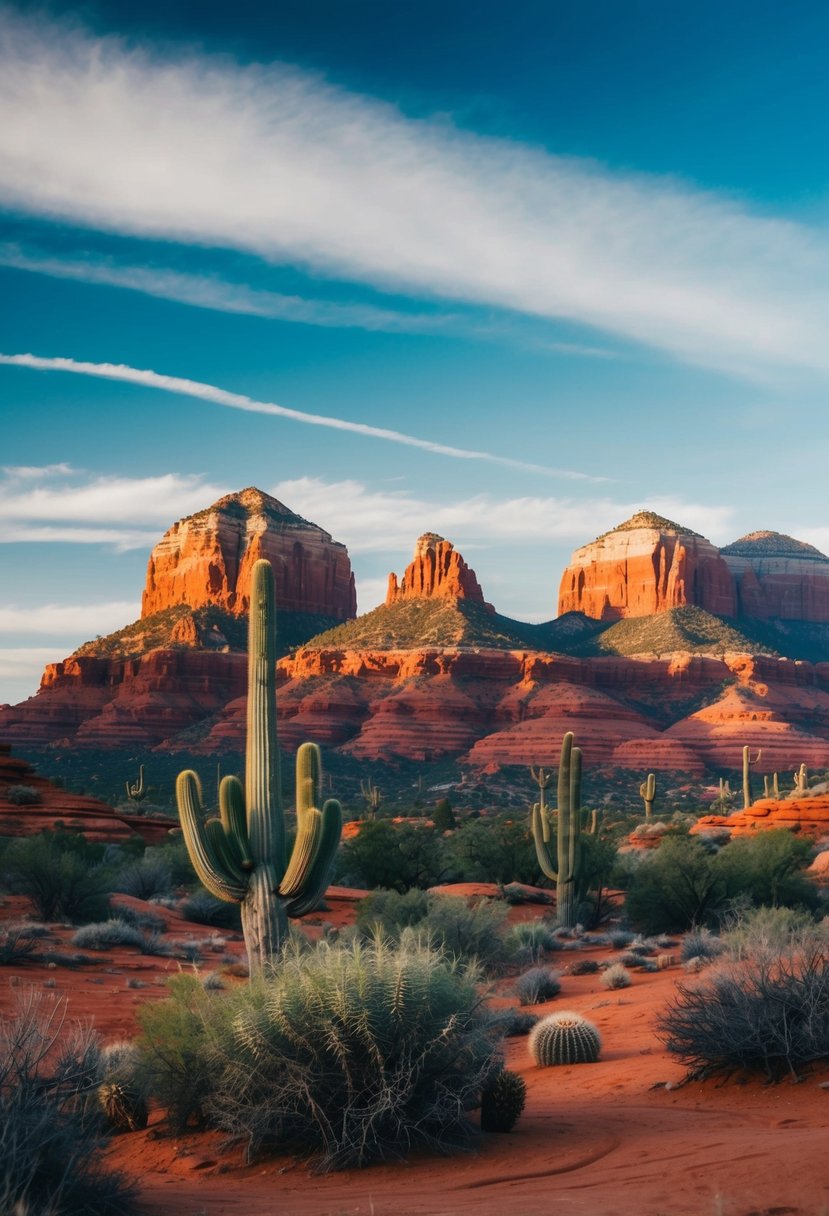 A vibrant desert landscape in Sedona, Arizona with red rock formations, cacti, and a clear blue sky