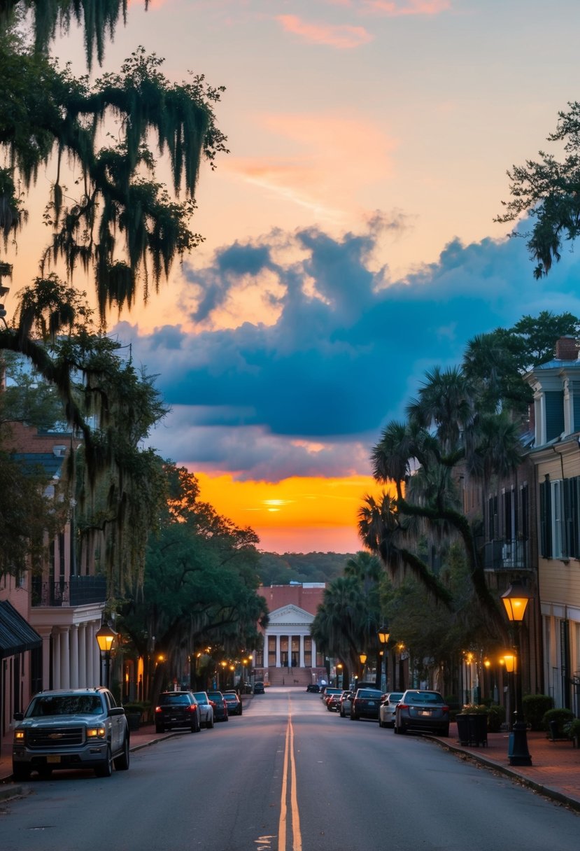 A serene sunset over the historic streets of Savannah, Georgia, with Spanish moss-draped trees and charming architecture