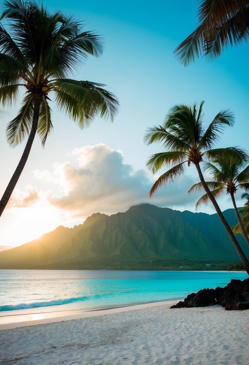 Palm trees sway on a white sandy beach, overlooking the turquoise waters of Maui, Hawaii. The sun sets behind lush green mountains, creating a romantic and serene honeymoon destination