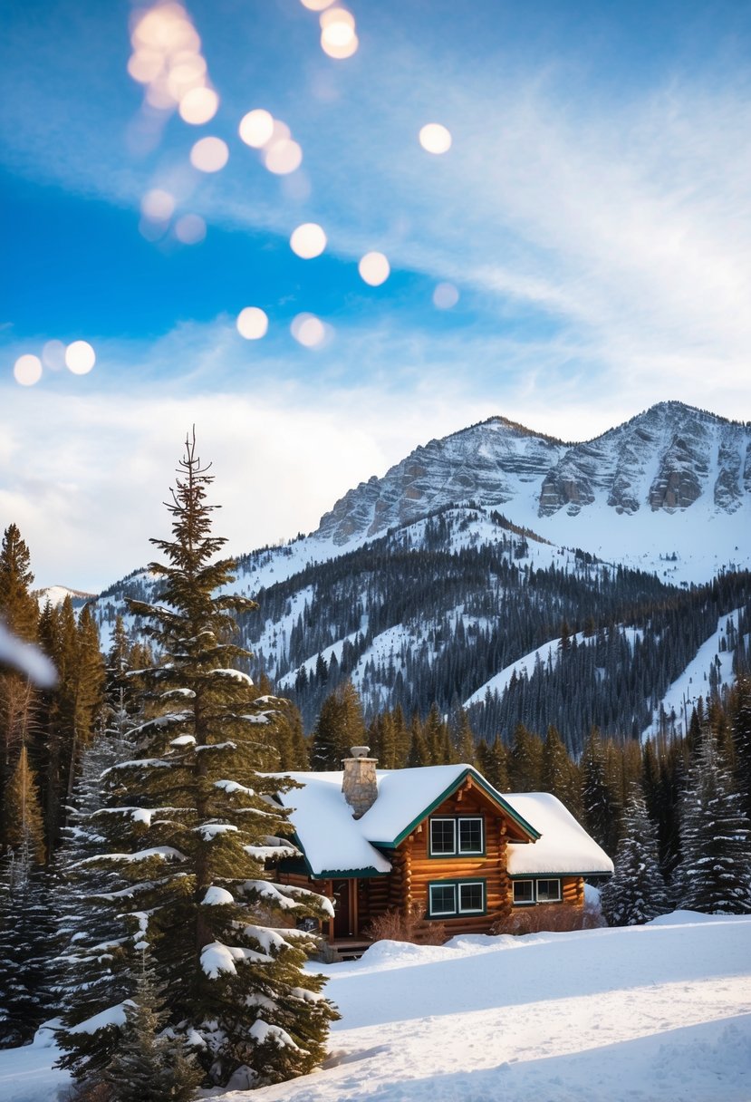 A snowy mountain landscape in Aspen, Colorado, with evergreen trees, a cozy cabin, and a clear blue sky
