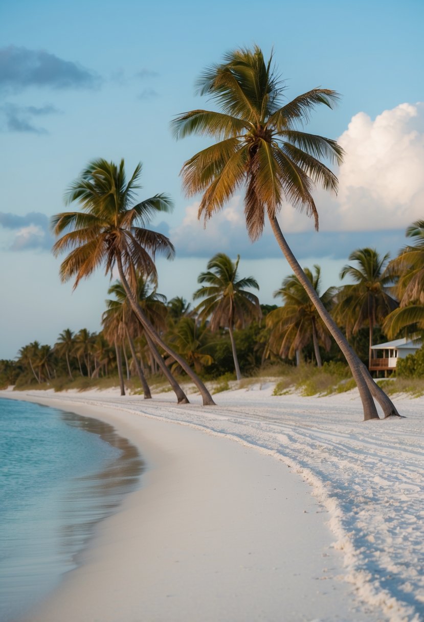 A serene beach with palm trees, white sand, and clear blue water on Sanibel Island, Florida