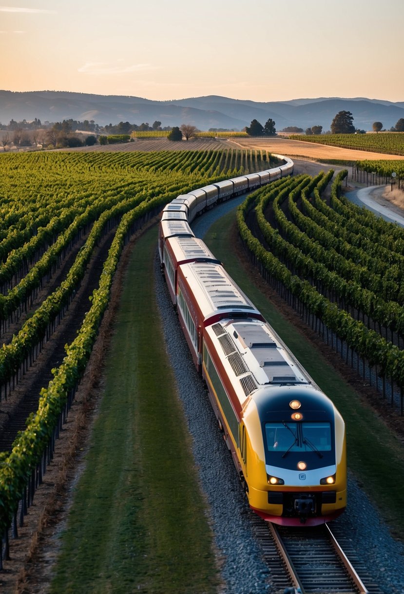 A scenic train winds through Napa Valley vineyards in March