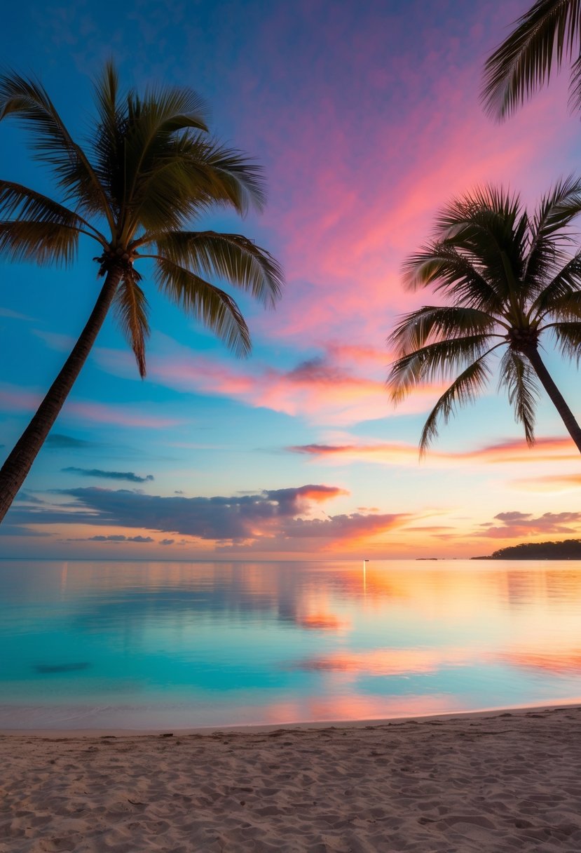 A tranquil beach at sunset, with palm trees swaying in the gentle breeze and the vibrant colors of the sky reflecting off the calm, crystal-clear waters
