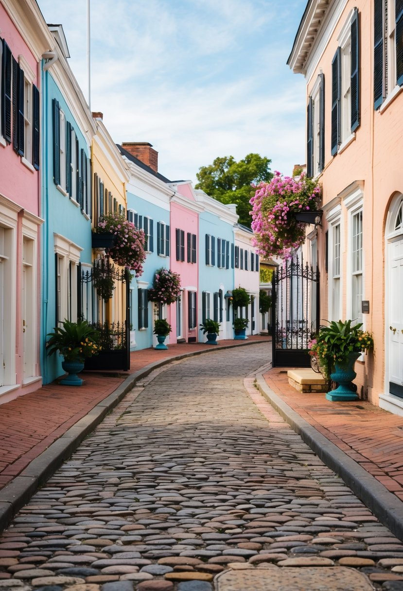 The cobblestone streets wind past pastel-colored buildings in Charleston's Historic District, with blooming flowers and wrought-iron gates adding to the romantic ambiance