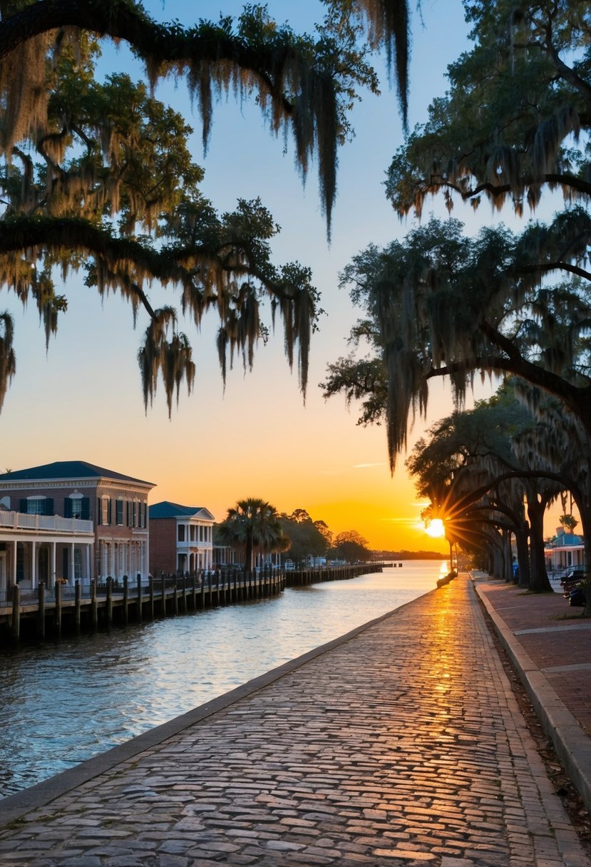 A serene sunset over the historic cobblestone streets of Savannah, Georgia, with Spanish moss-draped oak trees lining the waterfront