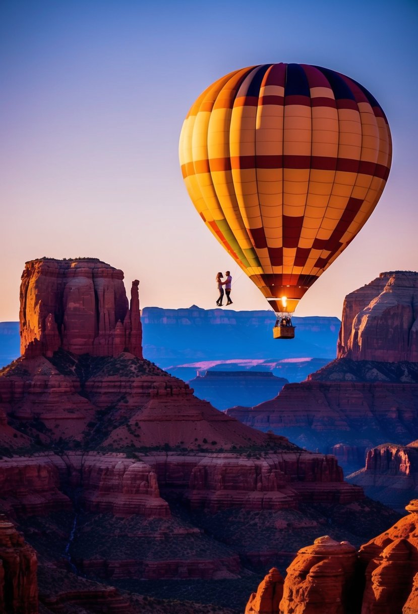 A hot air balloon floats over the red rock formations of Sedona at sunset, with a couple enjoying a romantic ride