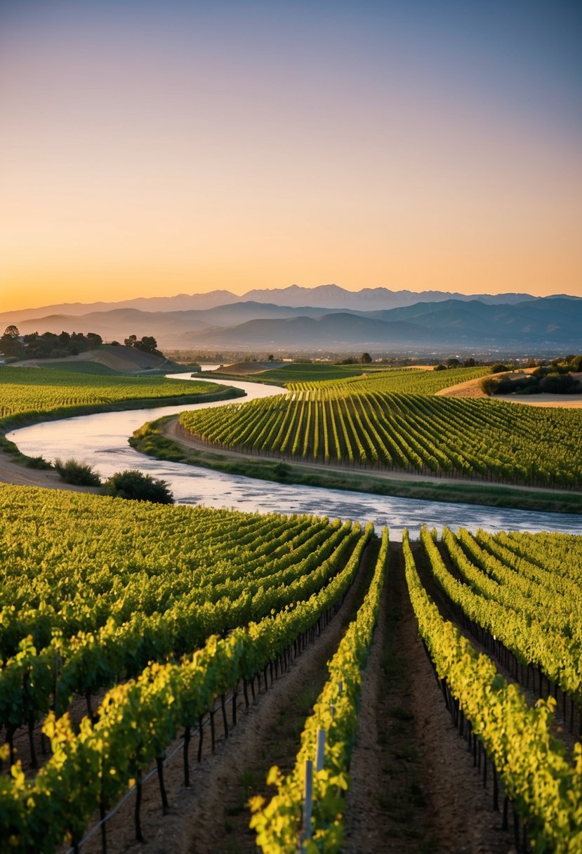 Rolling vineyards under a golden sunset, with a winding river and distant mountains in Napa Valley, California