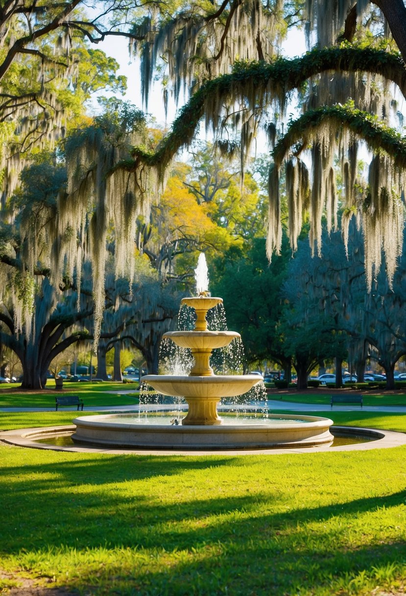 Lush greenery surrounds a fountain in Forsyth Park, with Spanish moss hanging from the trees. The warm March sun casts a golden glow over the tranquil scene