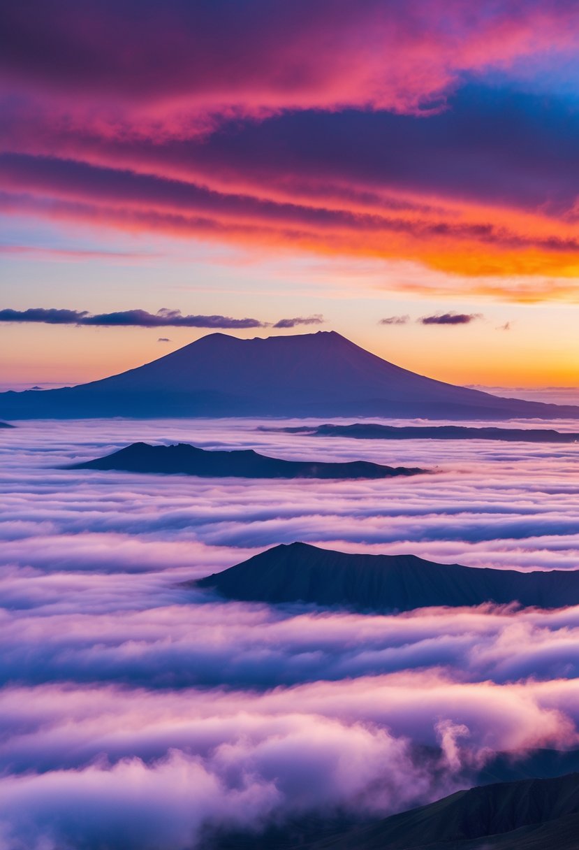 A breathtaking sunrise over the volcanic landscape of Haleakalā National Park, with vibrant colors reflecting off the clouds and mist