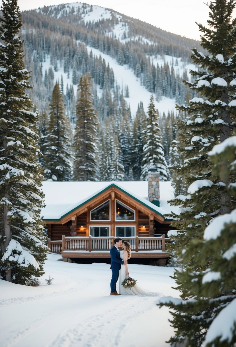 A cozy cabin nestled among snow-covered trees at Aspen Snowmass Ski Resort. A couple enjoys a romantic honeymoon getaway in the picturesque winter wonderland