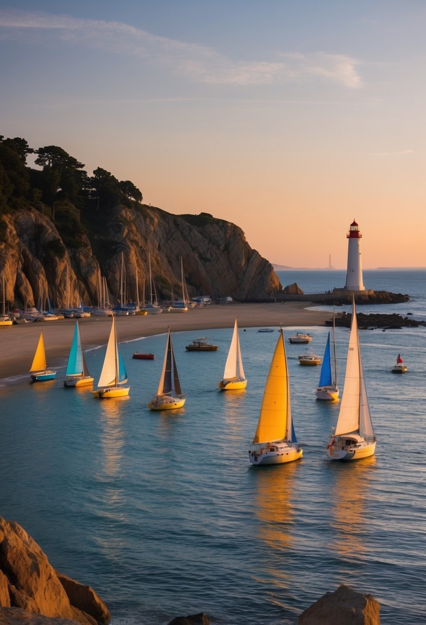 A serene beach at sunset, with colorful sailboats dotting the harbor and a lighthouse in the distance. Rocky cliffs frame the scene