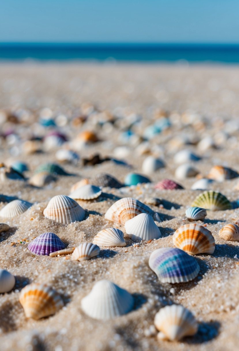 Sandy beach with colorful seashells scattered under a clear blue sky on Sanibel Island in March