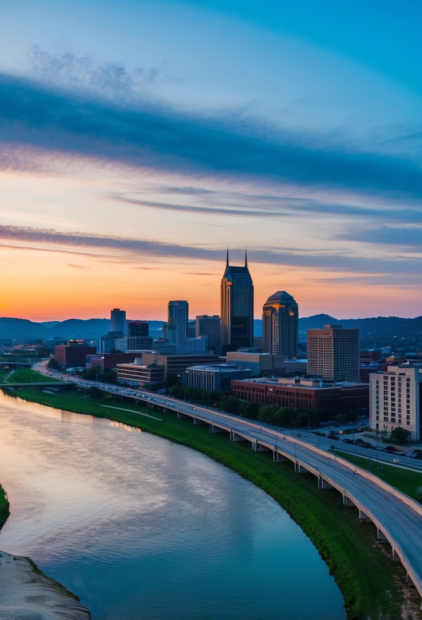 A serene sunset over the Nashville skyline, with the Cumberland River winding through the city and the iconic Batman Building standing tall