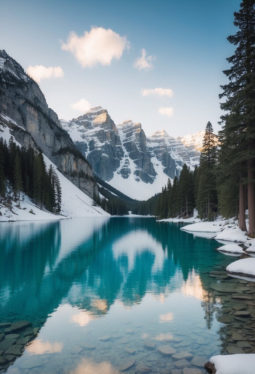 Crystal-clear lake surrounded by snow-capped mountains and towering pine trees, with a serene and peaceful atmosphere