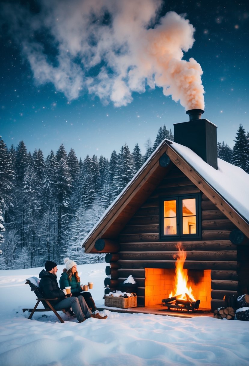 A cozy cabin nestled in a snowy forest, smoke curling from the chimney. A couple sits by a crackling fire, sipping hot cocoa and gazing at the winter wonderland outside
