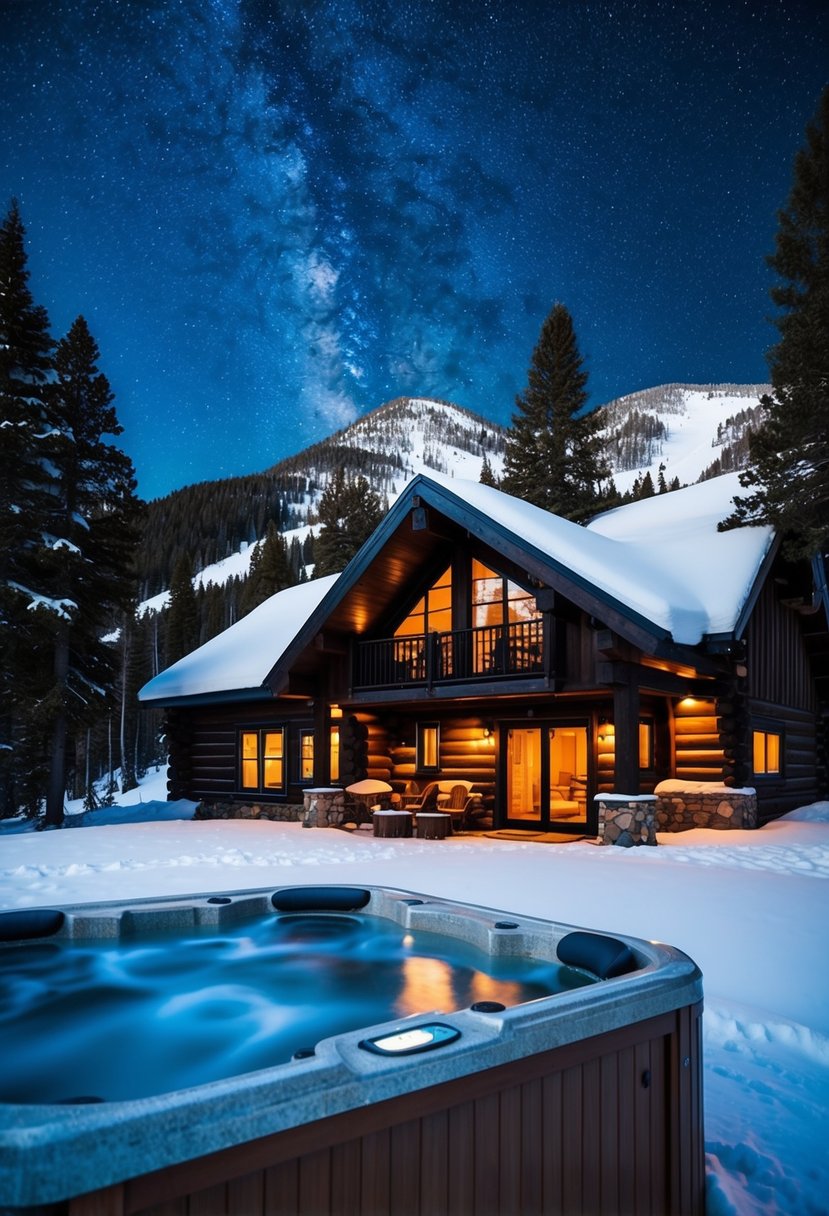 A cozy cabin nestled in the snowy mountains of Aspen, with a hot tub steaming under the starry winter night sky