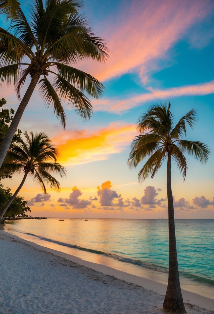 A serene beach at sunset in Key West, Florida, with palm trees, crystal clear water, and a colorful sky