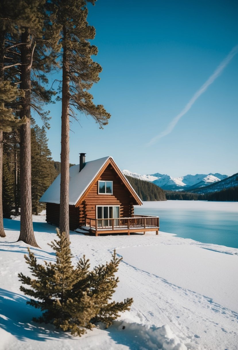A snowy lakeside cabin with pine trees, a frozen lake, and distant mountains under a clear blue sky