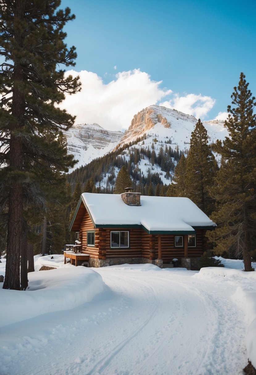 A cozy cabin nestled among snow-covered mountains and pine trees in Jackson Hole, Wyoming. A clear blue sky and a peaceful, serene atmosphere