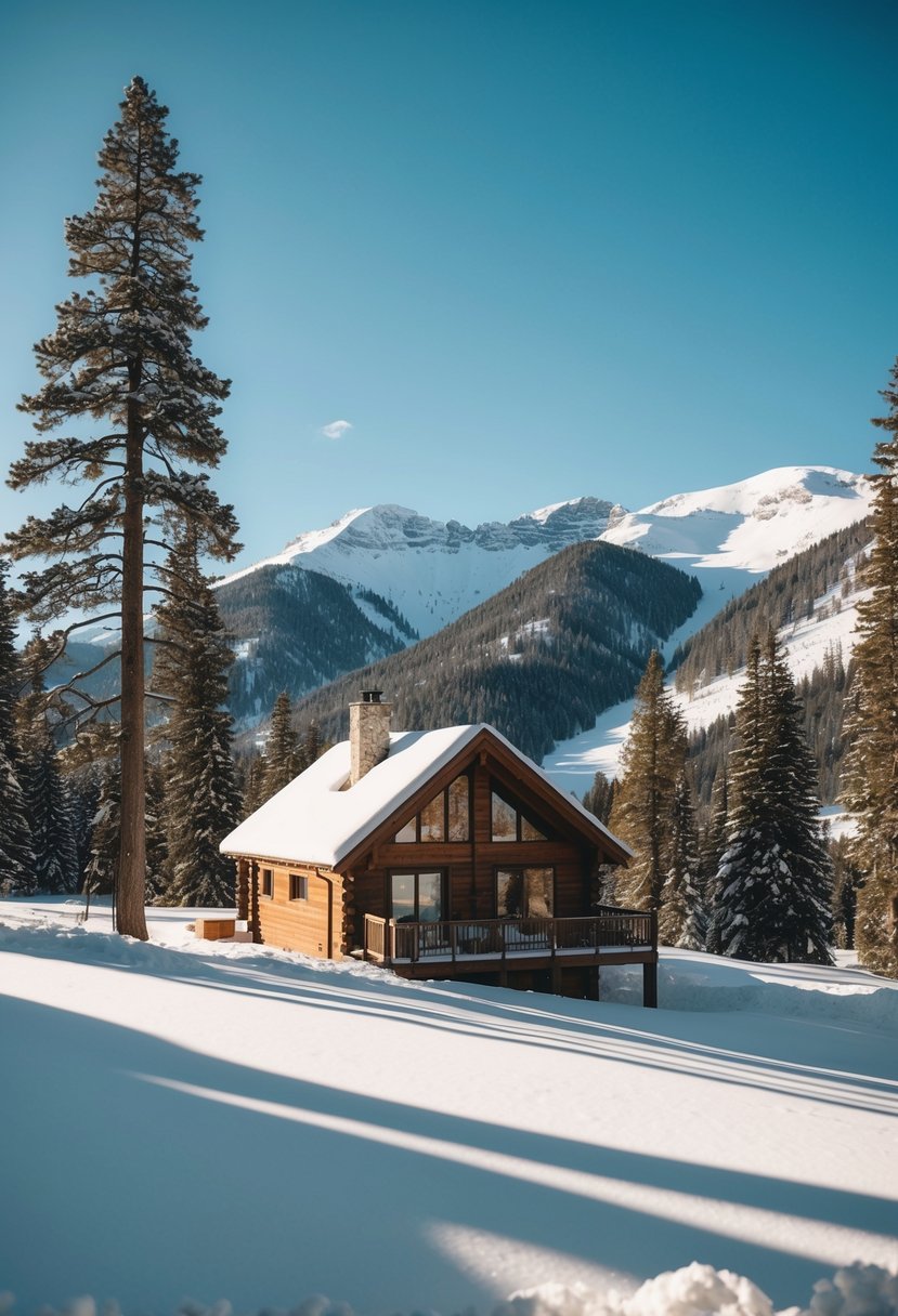 A cozy cabin nestled in a snowy valley, surrounded by towering pine trees and snow-capped mountains under a clear blue sky