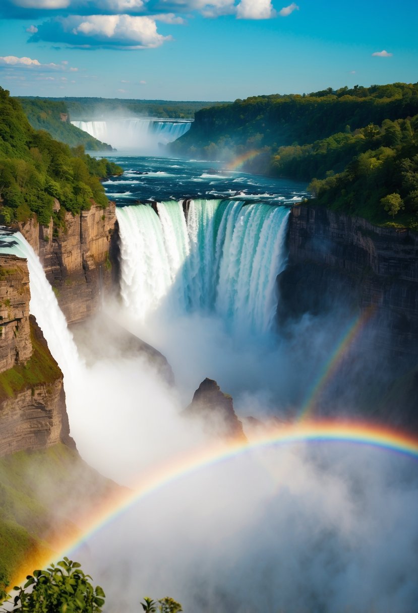 Majestic Niagara Falls cascades over rocky cliffs, creating a powerful mist and rainbows, surrounded by lush greenery and awe-struck onlookers