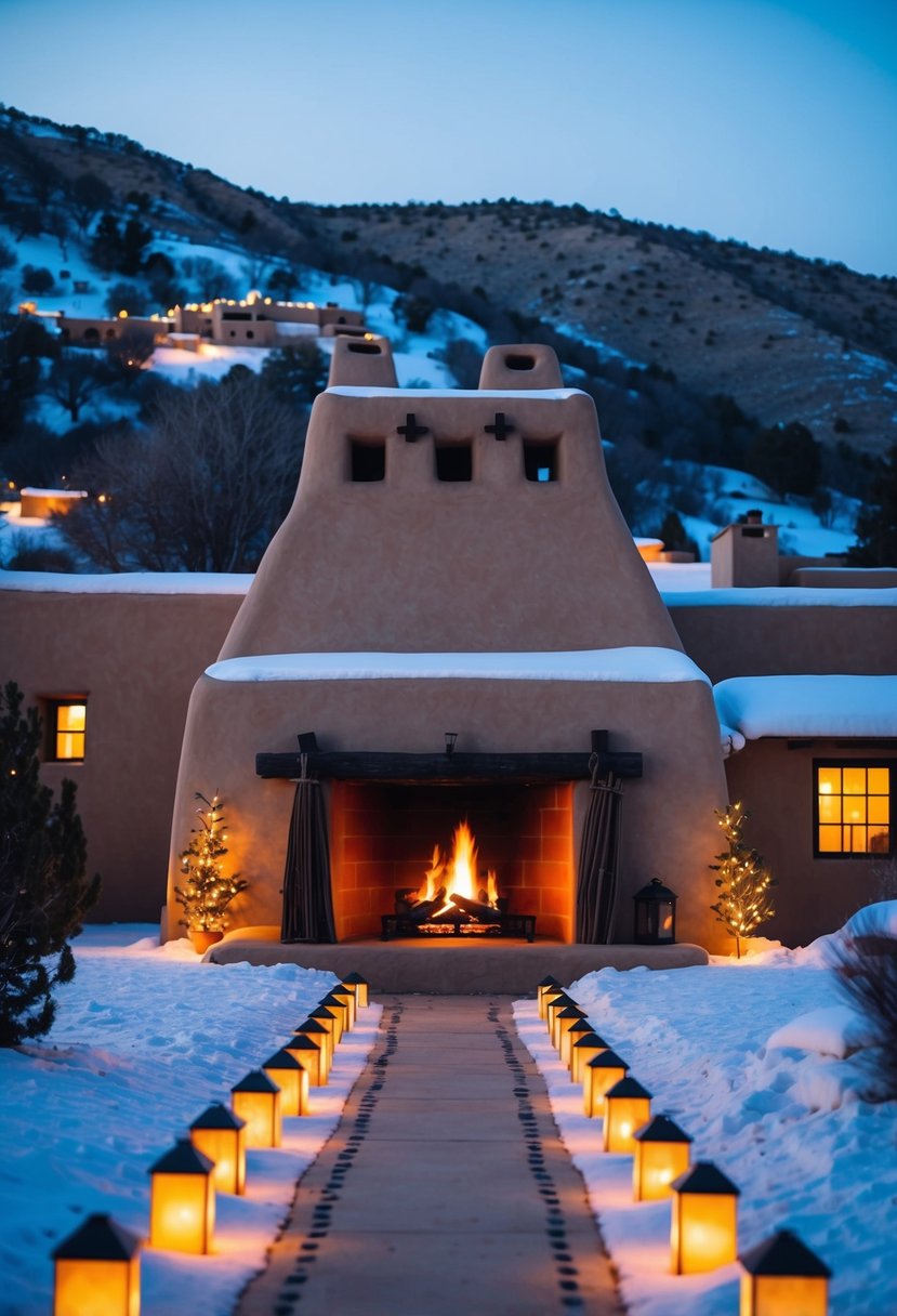 A cozy adobe casita nestled in the snowy hills of Santa Fe, with a warm fire burning in the kiva fireplace and the soft glow of luminarias lining the path