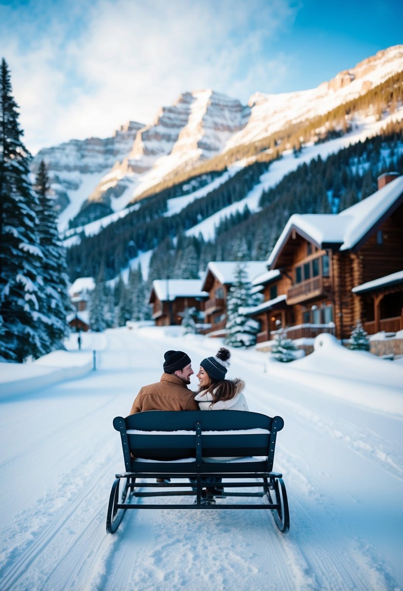 Snow-covered mountains, cozy cabins, and a couple enjoying a romantic sleigh ride through the picturesque winter wonderland of Vail, Colorado
