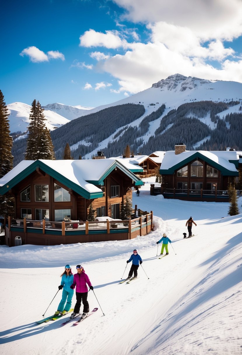 Snow-covered mountains and cozy cabins in Breckenridge, Colorado, with couples enjoying winter activities like skiing and snowboarding