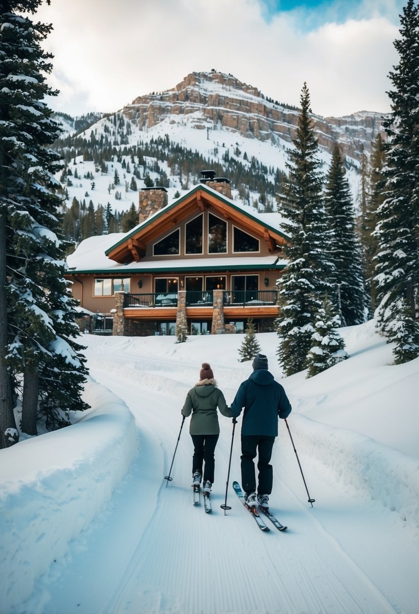 Snow-covered mountains surround a cozy lodge with a hot tub, as a couple skis down a tree-lined trail in Park City, Utah