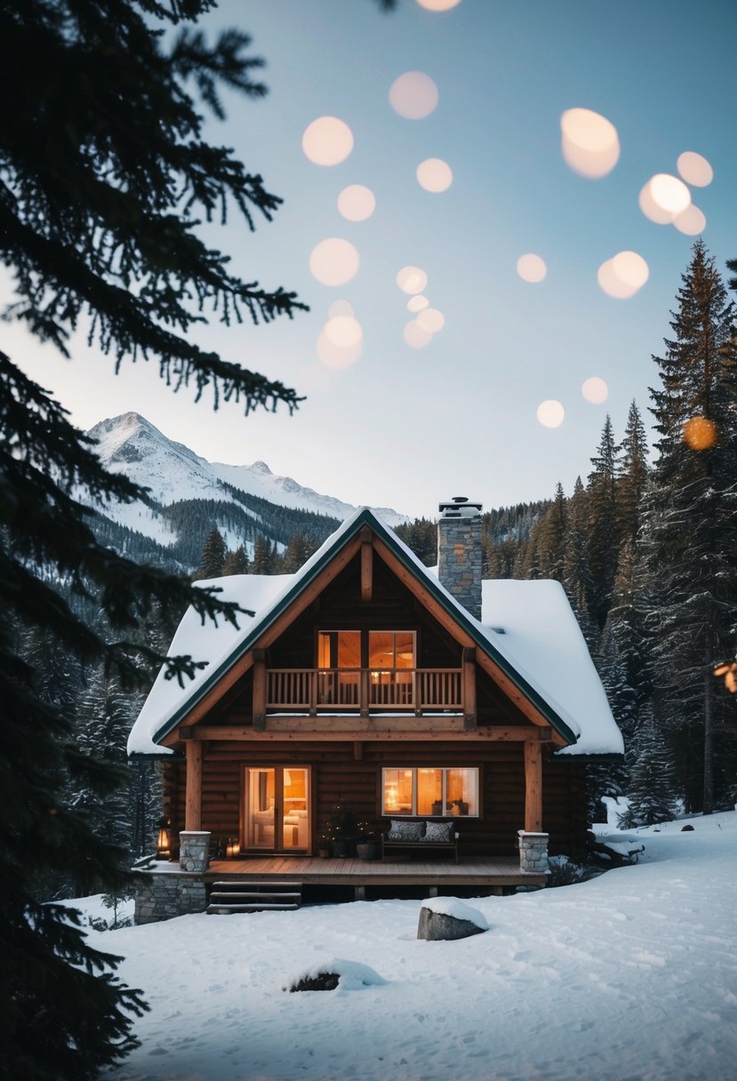 A cozy cabin nestled in a snowy forest with a warm fire and mountain views