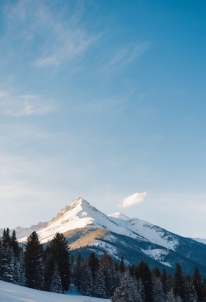 Snow-covered mountains and evergreen trees under a clear blue sky in Big Sky, Montana, a perfect winter honeymoon destination