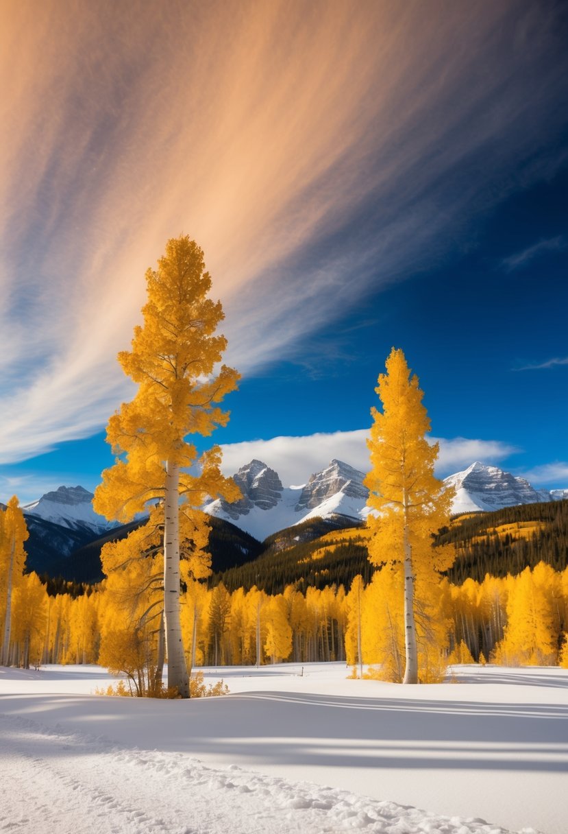 A scenic view of colorful aspen trees against a backdrop of snow-capped mountains and a clear blue sky in Aspen, Colorado