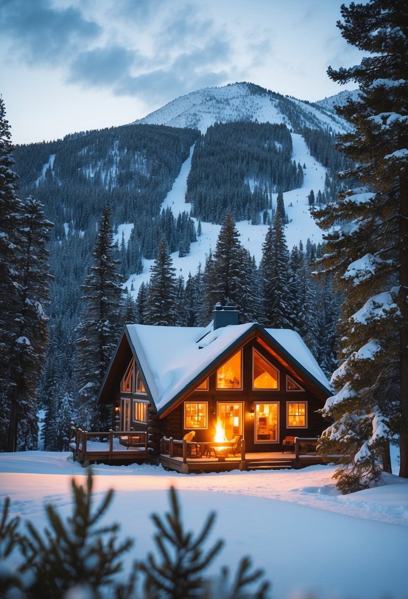 A cozy cabin nestled in the snowy mountains of Sun Valley, Idaho, with a warm fire burning and snow-covered trees surrounding the landscape