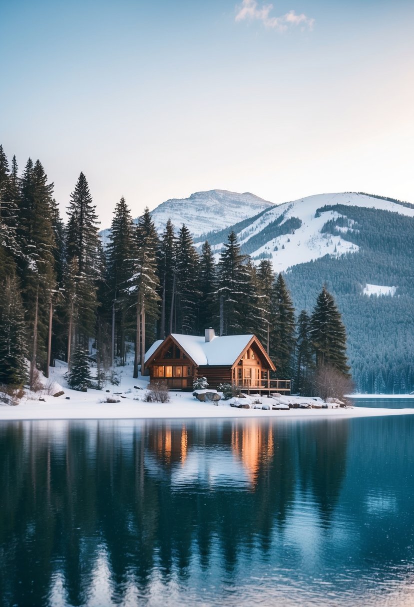 A cozy cabin nestled in a snowy forest by a frozen lake with a backdrop of snow-capped mountains in Lake Placid, New York