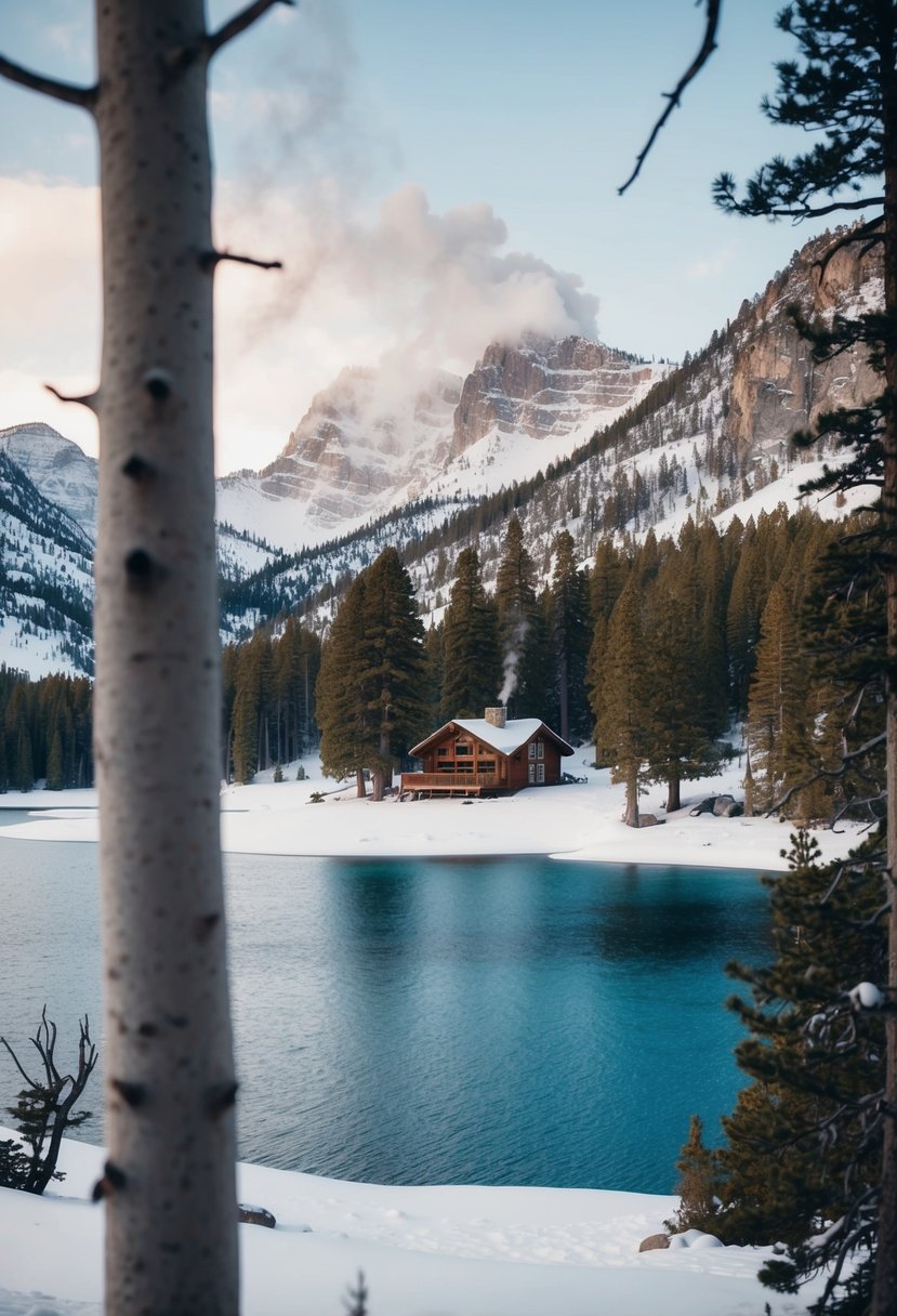 Snow-covered mountains surround a frozen lake in Mammoth Lakes, California. A cozy cabin sits nestled among the trees, with smoke rising from the chimney