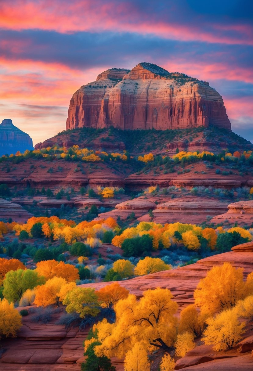 A red rock landscape with vibrant autumn foliage in Sedona, Arizona