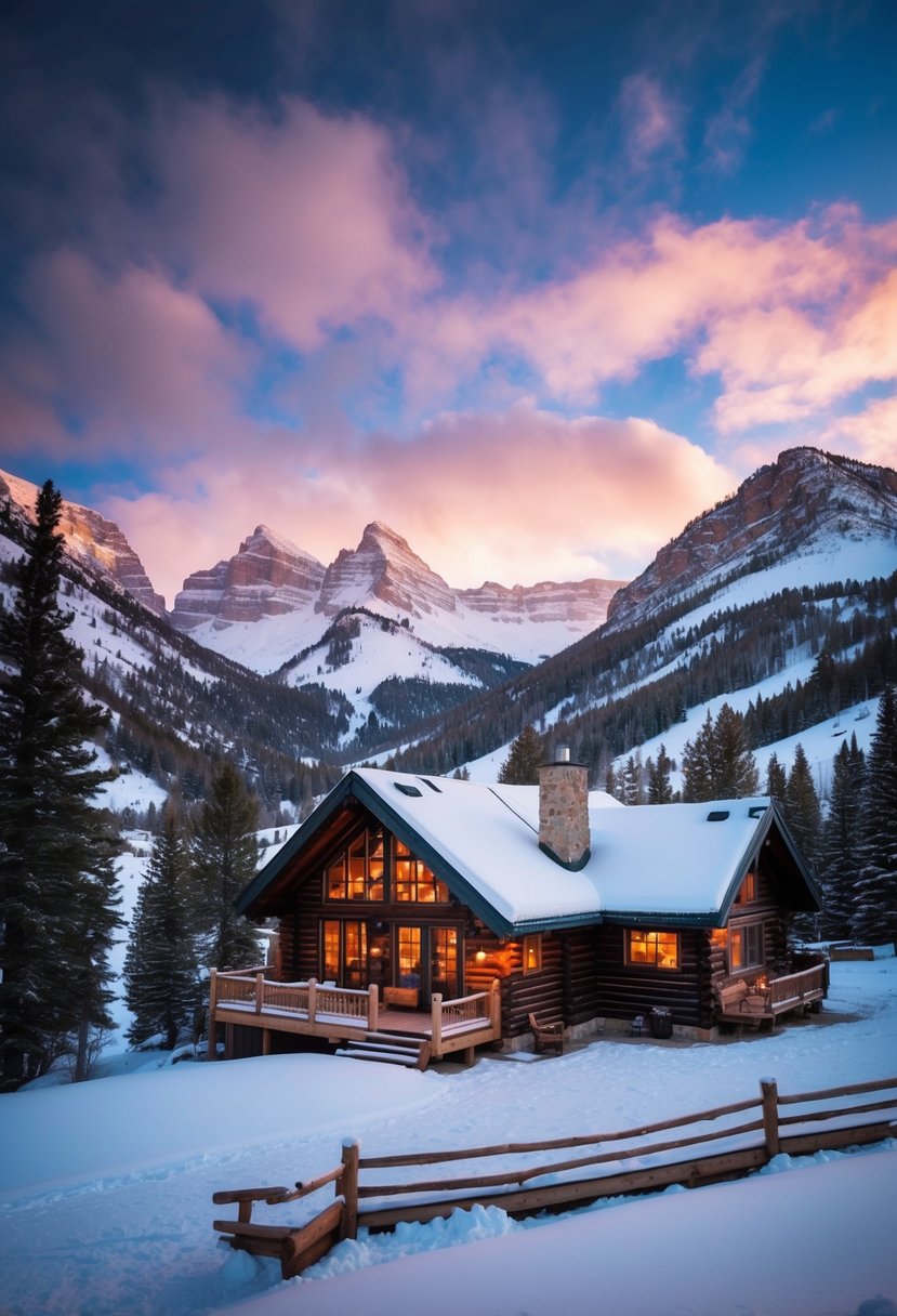 A cozy cabin nestled in the snow-covered mountains of Telluride, with a warm fire burning inside and a picturesque view of the winter landscape