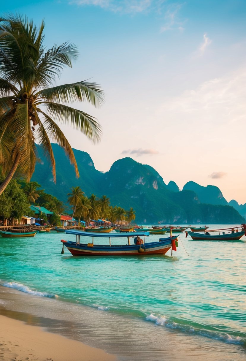 A serene beach with palm trees and turquoise waters, set against a backdrop of lush mountains and colorful fishing boats in Vietnam