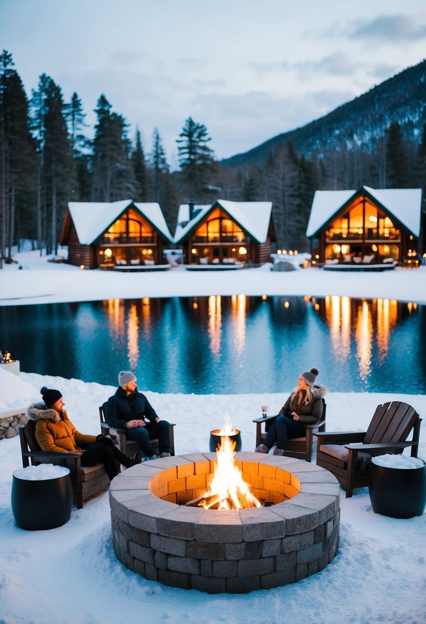 A cozy winter scene at Whiteface Lodge, with snow-covered cabins, a frozen lake, and couples enjoying the outdoor hot tubs and fire pits