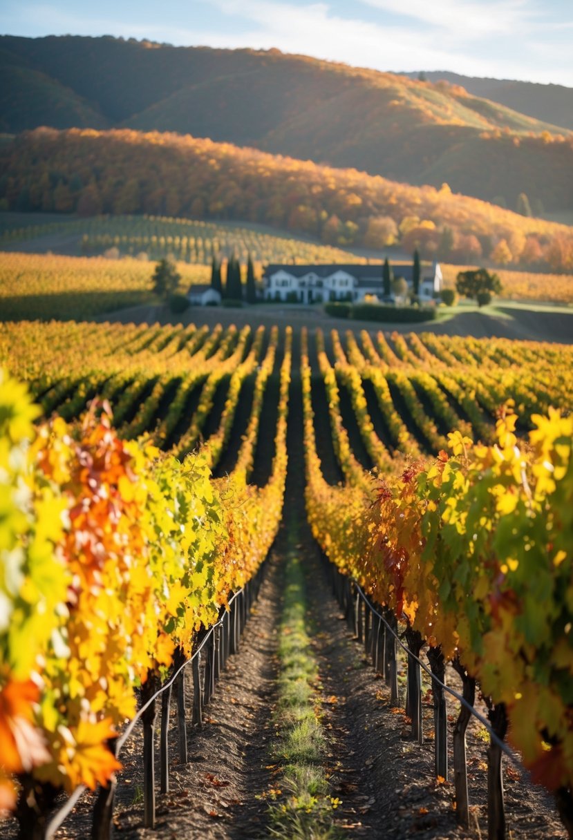 Vineyard in Napa Valley, California. Colorful autumn leaves, rolling hills, and a cozy winery nestled in the background