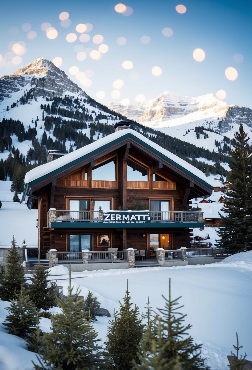 A cozy cabin nestled in a snowy mountain landscape, with a view of the Zermatt Resort in Utah