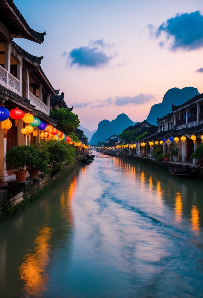 A tranquil river flows through Hoi An Ancient Town, lined with colorful lanterns and historic buildings, creating a romantic atmosphere for honeymooners
